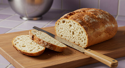 Freshly baked rustic bread loaf with slices on wooden cutting board