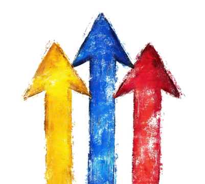 Three painted grunge arrows pointing up, isolated on transparent cutout background