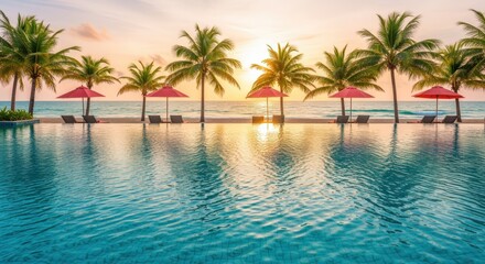 Fototapeta premium Tropical Paradise: Serene Swimming Pool View with Palm Trees, Umbrellas, and Ocean Sunset