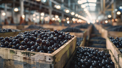 Fototapeta premium Black currant harvested in wooden boxes in a warehouse. Natural organic fruit abundance. Healthy and natural food storing and shipping concept.