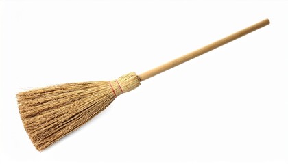 A classic corn broom with a wooden handle for sweeping and cleaning, isolated on a white background.