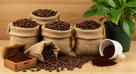 Rich roasted coffee beans in burlap sacks with ground coffee and green plant