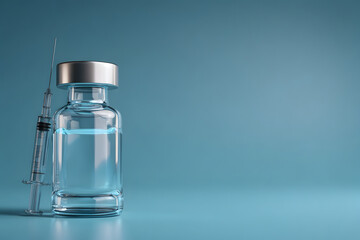 A syringe and vaccine vial in blue tones, isolated on a pure white background — vaccination awareness concept