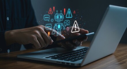Cybersecurity warning icons hover over person using laptop and phone