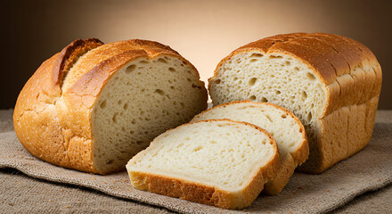 Freshly sliced white bread loaf on rustic cloth surface