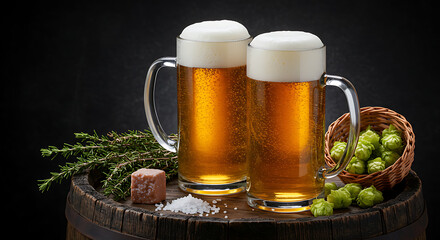 Two frosty mugs of beer with frothy heads on a rustic wooden surface
