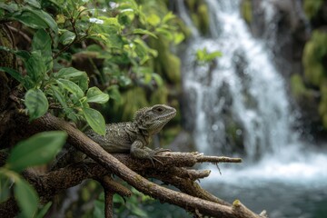 Obraz premium Lizard resting on branch near tranquil waterfall surrounded by vibrant foliage in a serene natural setting