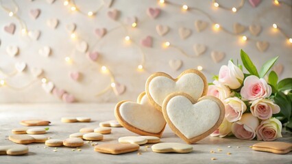 Heart-shaped cookies and a bouquet of roses against a soft, romantic backdrop of twinkling lights.