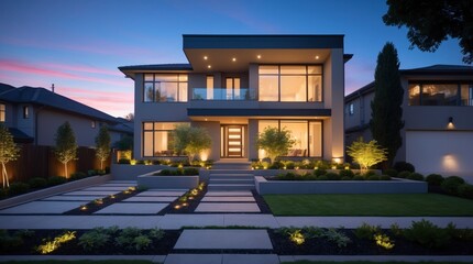 Modern home boasts exterior lighting showcasing design and beautiful landscape