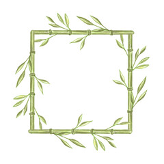 Green bamboo stems with leaves watercolor square frame. Hand drawn isolated illustration border from greenery foliage. Postcard template with floral branch. Rainforest plant for zen wellness, relax.