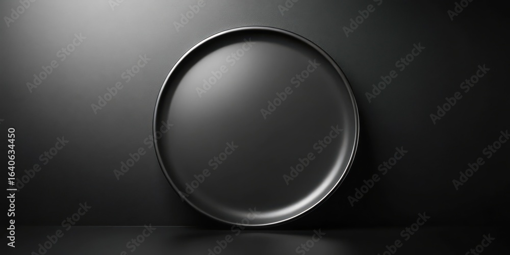 Poster a sleek, dark circular plate rests against a subtly textured, charcoal backdrop, creating a minimali
