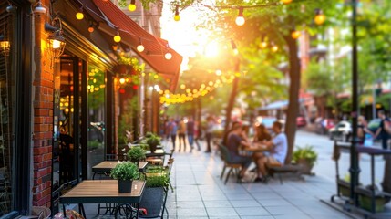 Atmospheric urban cafe scene with outdoor dining and warm bokeh lights at golden hour