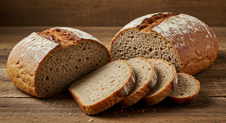 Freshly baked homemade bread with slices on a rustic wooden table