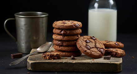 Delicious Chocolate Chip Cookies Stacked On Wooden Board