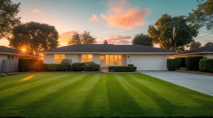 A cozy suburban home glows warmly at sunset with a perfect green lawn