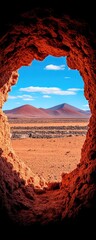 Red rock cave opening to a desert landscape