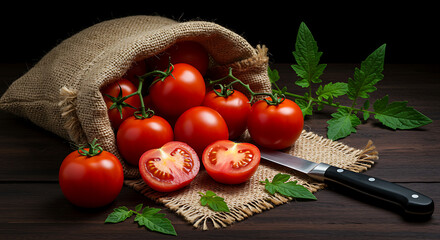 Fresh ripe tomatoes spilling from burlap sack with tomato leaves