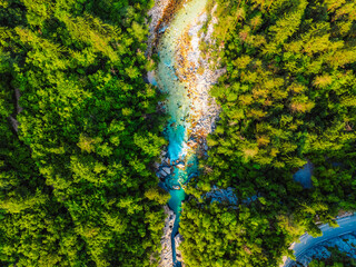 Wonderful Soca river and gorge in the green forest, Bovec, Slovenia. Kayaking destination in...