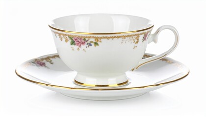 Ornate white porcelain teacup and saucer with a floral pattern and gold trim, embodying timeless elegance