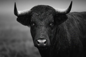 Naklejka premium Black bull standing majestically in a field with soft mist surrounding the area during early morning hours capturing the essence of serene nature in high resolution