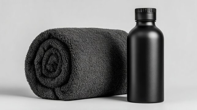 Rolled dark gray towel and black bottle