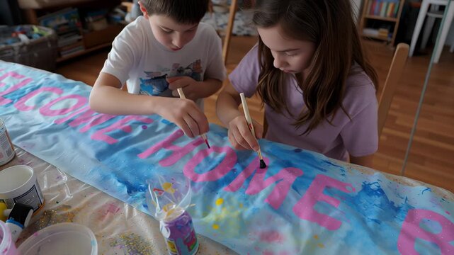 Two children painting a sign that says "Welcome Home". Scene is happy and welcoming