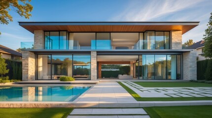 Fototapeta premium An expansive luxury modern house presents glass walls and a serene pool.