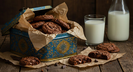 Freshly baked chocolate chip cookies in an ornate blue box with milk
