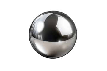 Realistic chrome steel ball with reflective surface against a transparent background creating a visually engaging effect