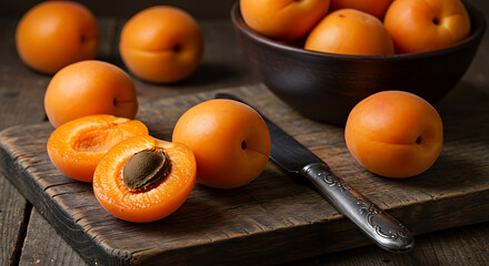 Fresh apricots on rustic wooden cutting board with knife