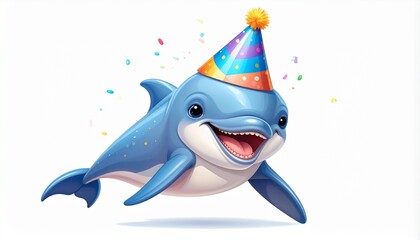 A cheerful cartoon dolphin character in a colorful party hat celebrating a happy occasion with confetti.