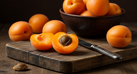 Fresh Apricots Pitted on Wood Cutting Board with Blossom Pattern