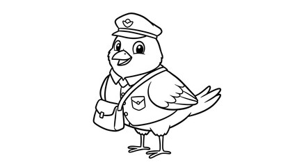 Obraz premium Cartoon Bird Postman Illustration with Uniform and Mailbag Black and White Outline.