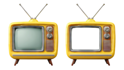 Set of vintage yellow televisions with antennas and dials, isolated on transparent cutout background