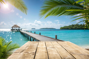 High Detail Visual of Beachfront Wooden Platform Podium for Product Display, sunlight view