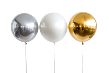 Elegant display of silver, white, and gold balloons isolated in a simple setting perfect for celebrations and festive occasions
