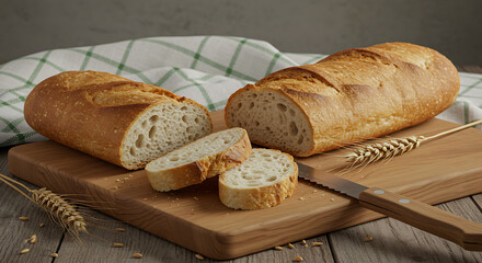 Freshly baked rustic baguette slices on wooden cutting board