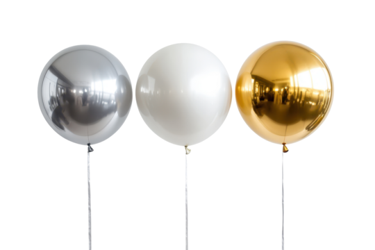 Elegant display of silver, white, and gold balloons isolated in a simple setting perfect for celebrations and festive occasions