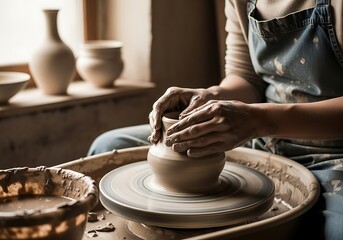 Skilled artisan's hands shaping a moist clay pot on a potter's wheel in a rustic workshop setting