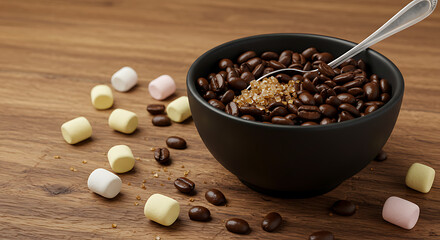 Freshly roasted coffee beans with sugar and marshmallows on wooden table