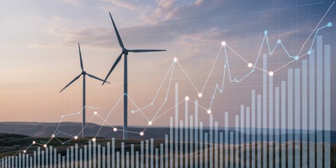 Green Energy Investment - Two wind turbines with an overlay of a financial graph, symbolizing renewable energy and economic growth