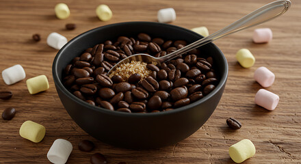 Coffee beans in a black bowl with sugar and colorful marshmallows