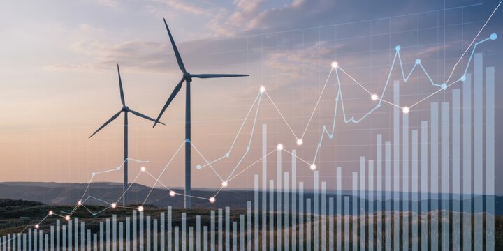 Green Energy Investment - Two wind turbines with an overlay of a financial graph, symbolizing renewable energy and economic growth