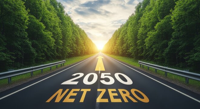 Road to Net Zero 2050: Sustainable Future Initiative Leading to Environmental Goals and Green Energy - Powered by Adobe
