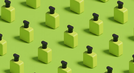 Vibrant green perfume bottles arranged on a matching green background
