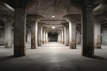 Empty industrial space featuring two rows of large pillars illuminated by overhead lights in a vast area under natural shadows