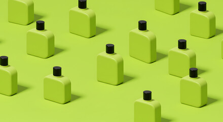 Bright lime green cosmetic bottles with black caps on matching surface