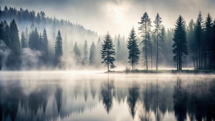 Fototapeta premium Serene Mist-Shrouded Lake with Majestic Pine Trees Reflecting on Calm Waters at Dawn