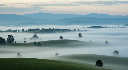Serene morning mist drapes rolling green hills with scattered trees