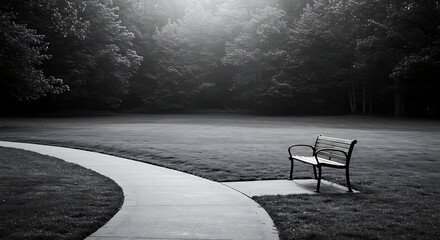 Solitary Park Bench on Curving Path Surrounded by Verdant Trees and Grass